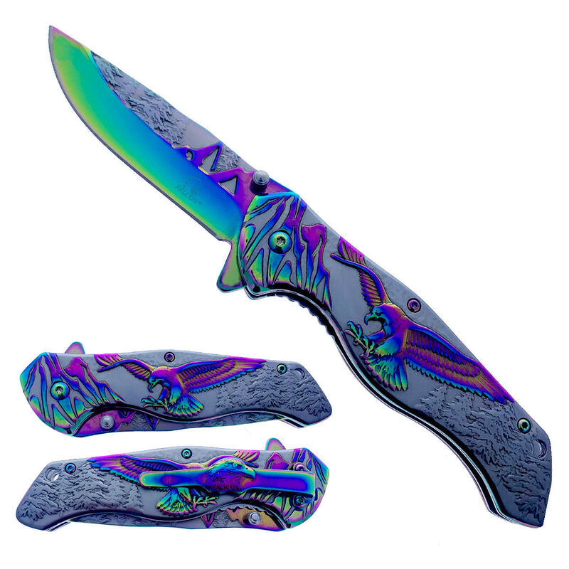4.75" Titanium Rainbow Eagle Mountain Range Assisted Open Pocket Knife image number 0